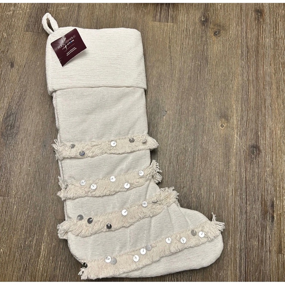 Set of 4 Found & Fable Christmas Stockings Cream Boho Sequin Fringe At Home NWT - Picture 2 of 6